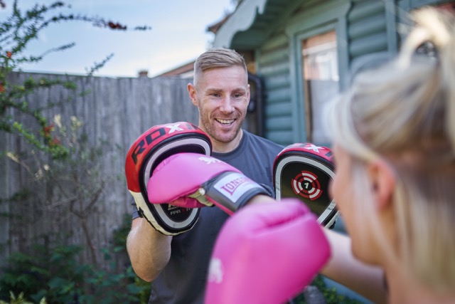 Pads and gloves on - boxercise with Joe at home in the garden
